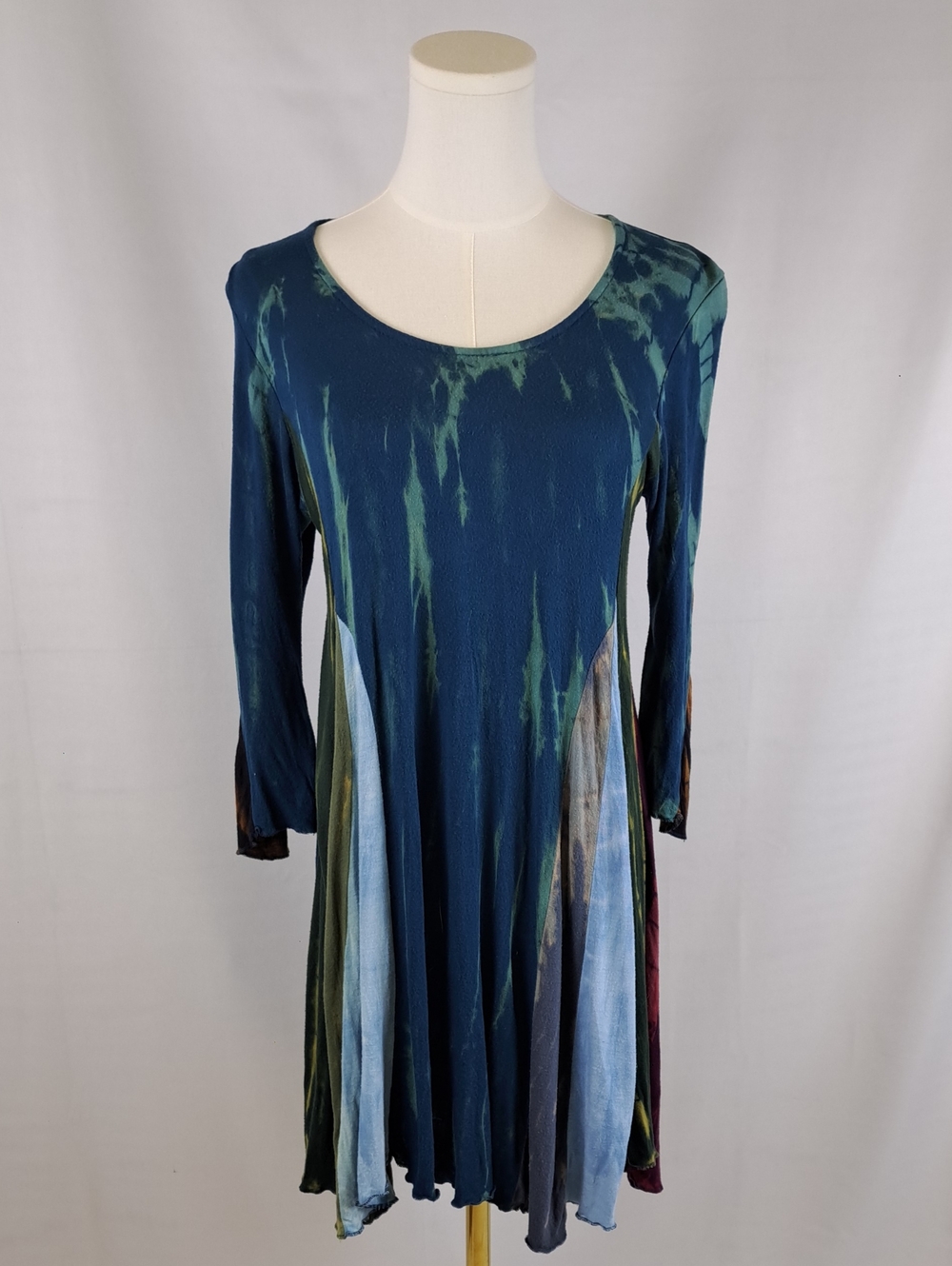 Jayli Patchwork Tie Dye Jewel Tone Long Sleeve Lettuce Edge Swing Dress Size S